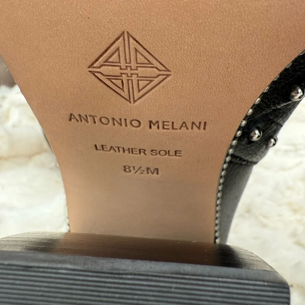 Antonio Melani Black Leather Block Heel Studded Ankle Boots with Buckle closure - Picture 12 of 16